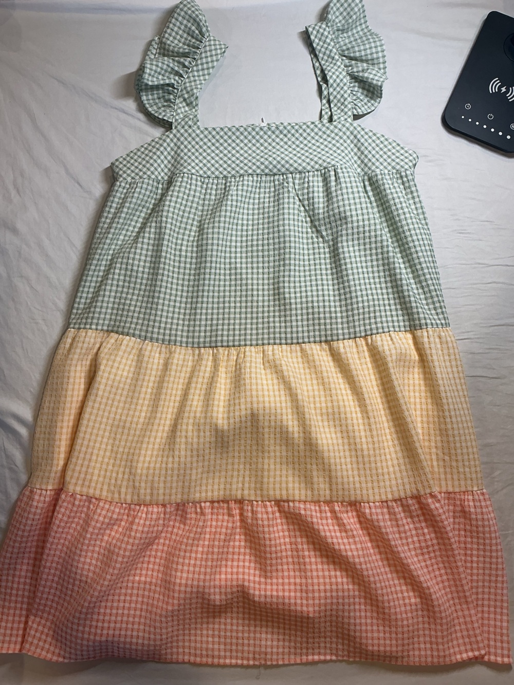 mittoshop Gingham Tiered A-Line Skirt in Sage, Yellow & Coral